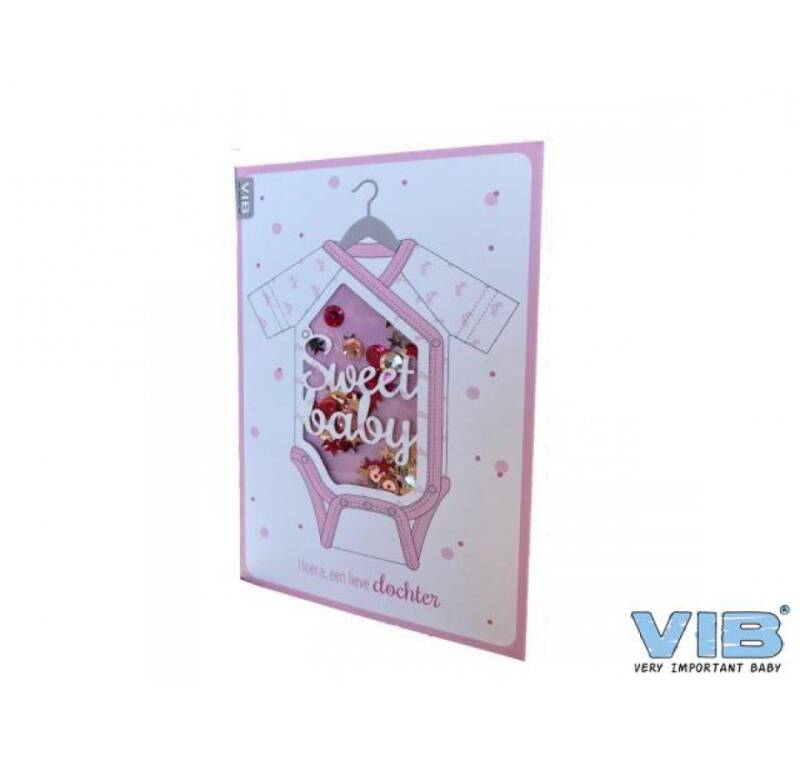 Wenskaart schudbaar met pailleten sweet baby 'hoera een lieve dochter' roze