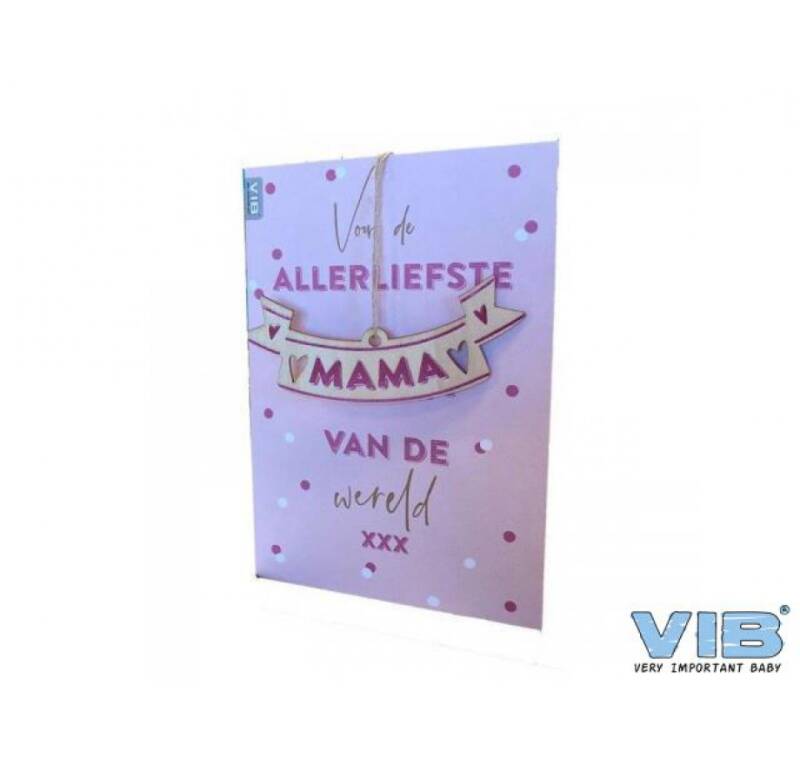Wenskaart met houten hanger mama 'allerliefste mama van de wereld' roze