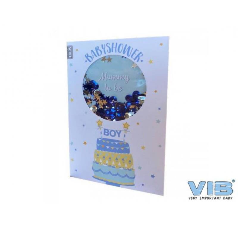 Wenskaart schudbaar met pailleten baby shower boy blauw