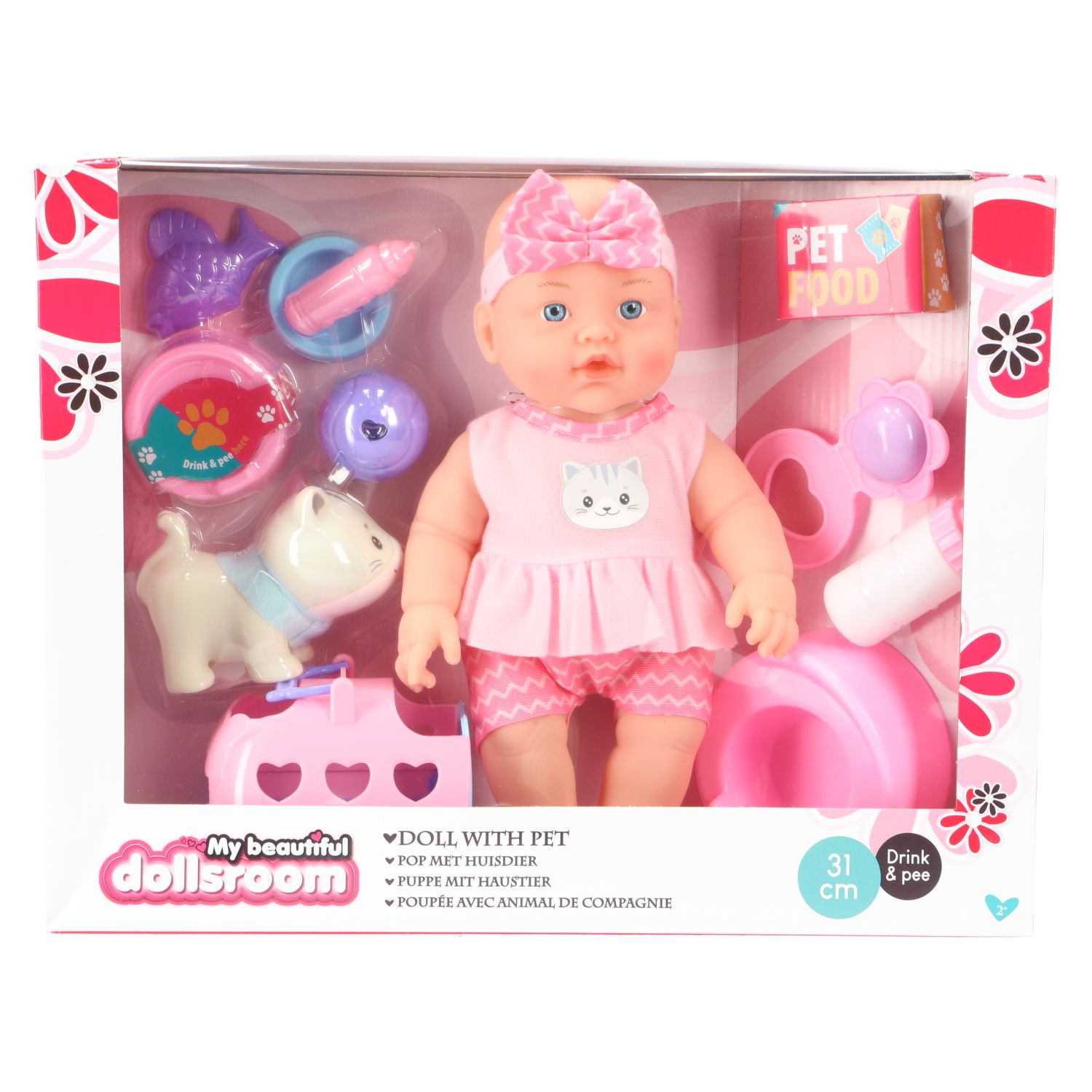 My beautiful dolls room pop 31cm drink en plas — katje op shirt