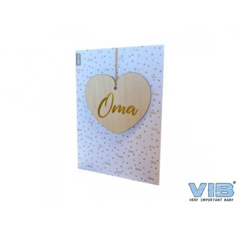 Wenskaart met houten hanger hart 'oma' wit-mint-goud