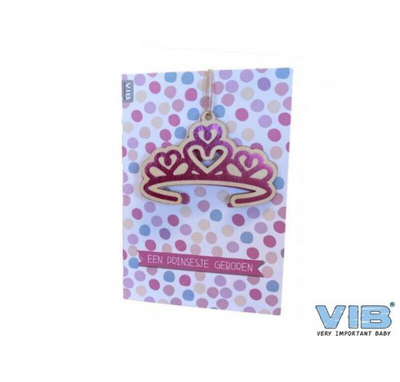 Wenskaart met houten hanger tiara 'een prinsesje geboren' roze