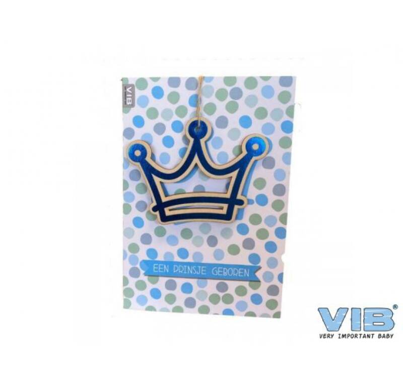 Wenskaart met houten hanger kroontje 'een prinsje geboren' blauw