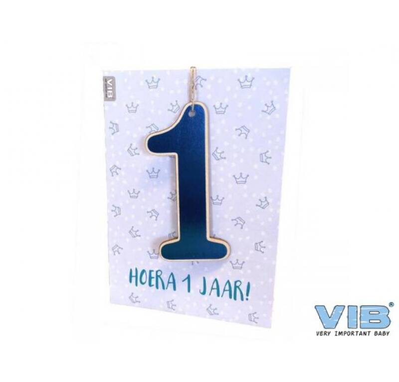 Wenskaart met houten hanger 1 'hoera 1 jaar!' blauw