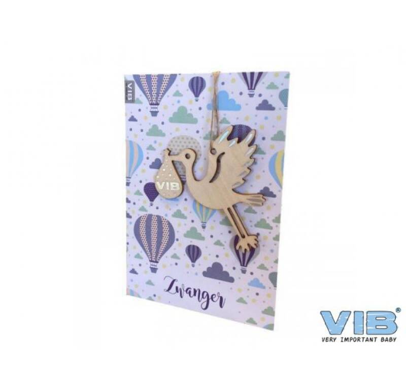 Wenskaart met houten hanger ooievaar 'zwanger'