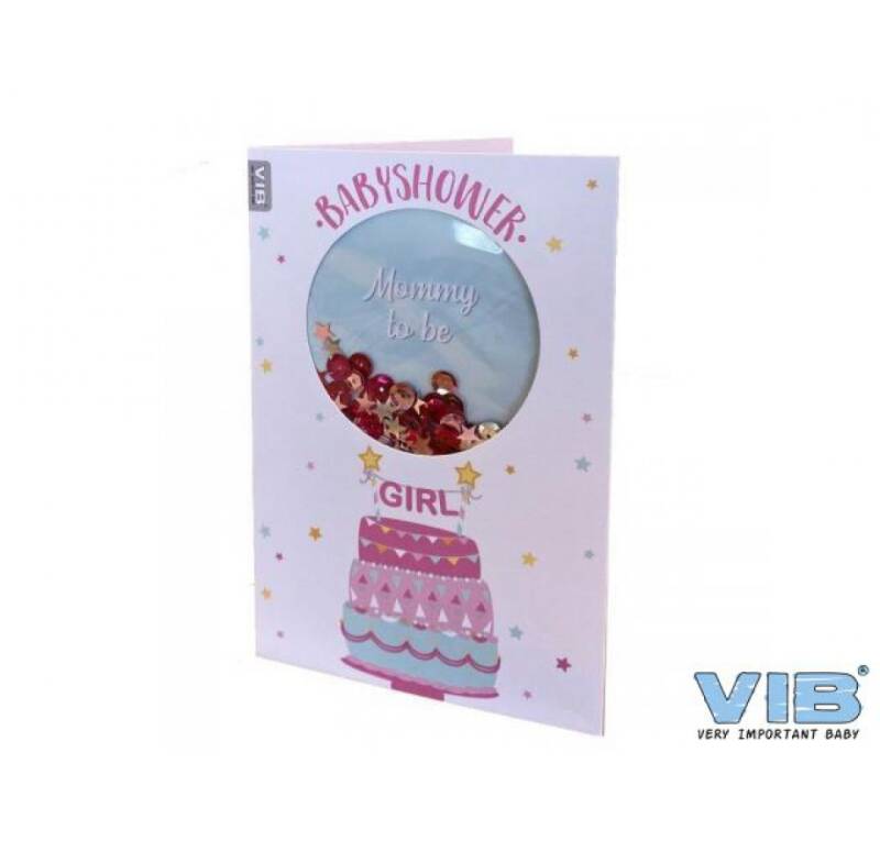 Wenskaart schudbaar met pailleten baby shower girl roze