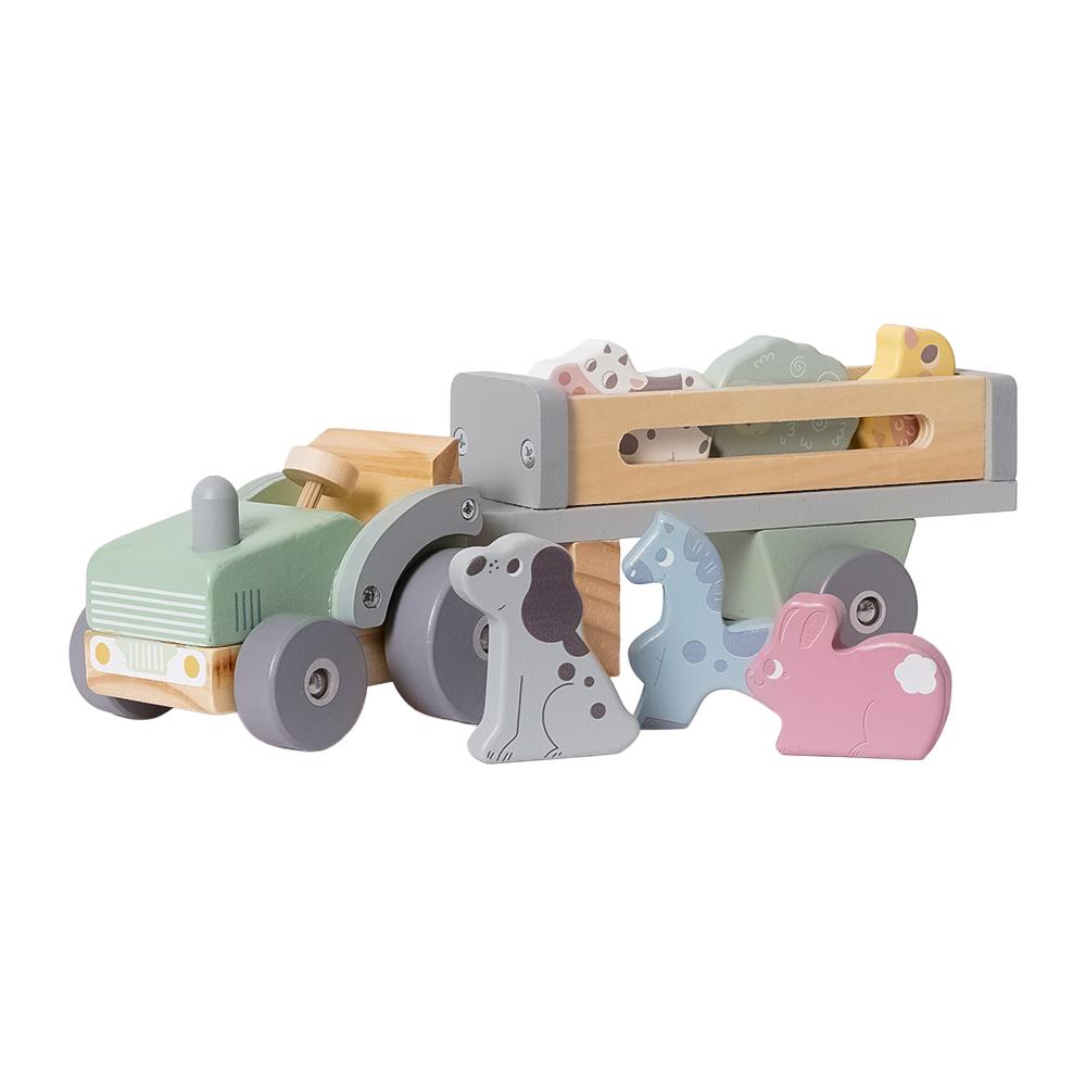 Houten Traktor met Trailer 8-delig pastelkleur