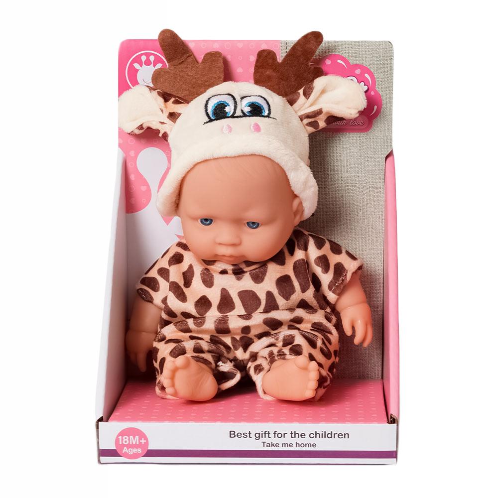 Babypop in donker giraffen pakje - 20 cm