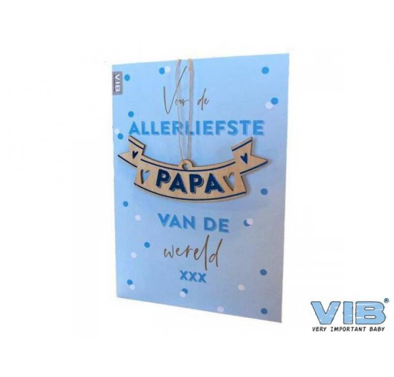 Wenskaart met houten hanger papa 'allerliefste papa van de wereld' blauw